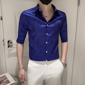 店主风社会小伙男士中袖衬衫提花七分袖寸衣男301A-1/CS350/P55图片