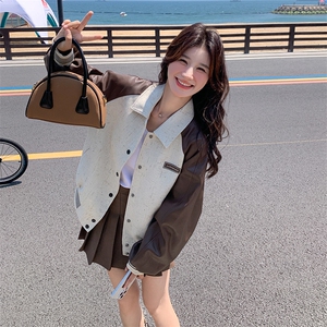 美式学院风PU皮拼接棒球服外套女2025秋季小个子宽松休闲翻领夹克图片