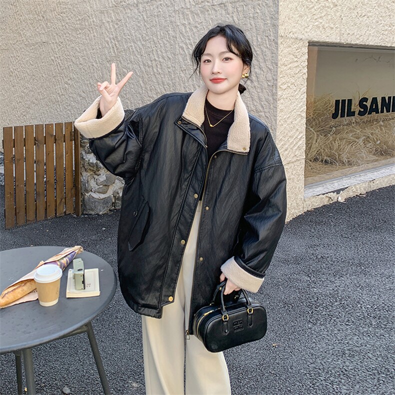 新款皮衣拼接羊羔毛羽绒服9932-P265-K388,女装短外套,2C129