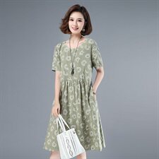 2021年夏季通勤韩版中长款A字裙40-49周岁印花圆点高腰短袖裙子，女装连衣裙，伊满意