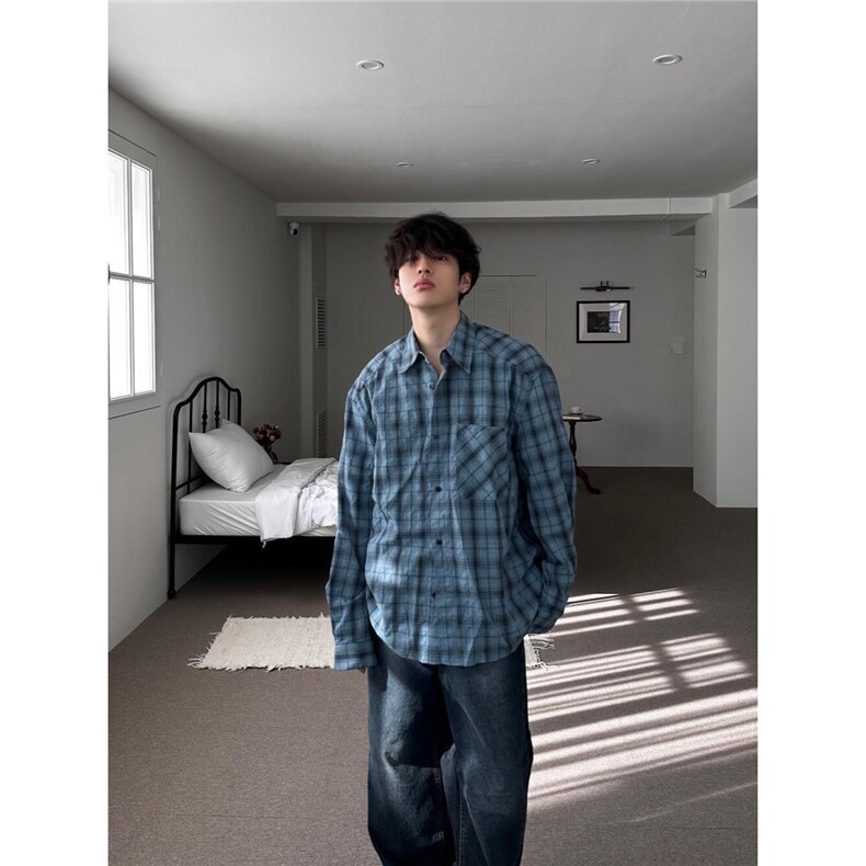 美式格子衬衫男潮牌宽松慵懒风设计长袖衬衣2025新款痞帅撞色外套,男装衬衫,星座1210-1