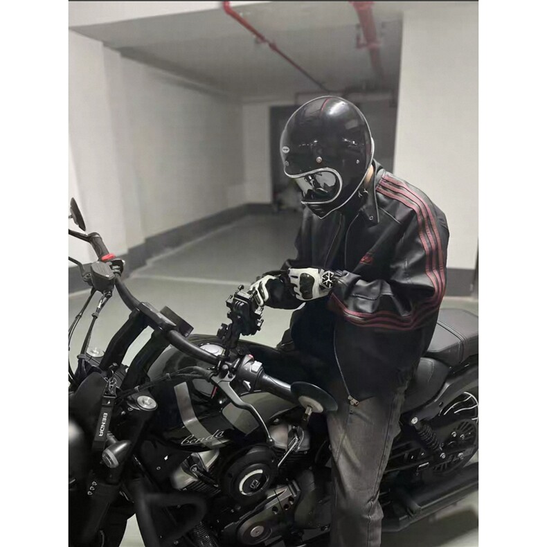 美式复古机车夹克男黑色暗红三道杠宽松条纹拼接潮牌短款外套男士,男装夹克,星座1210-1