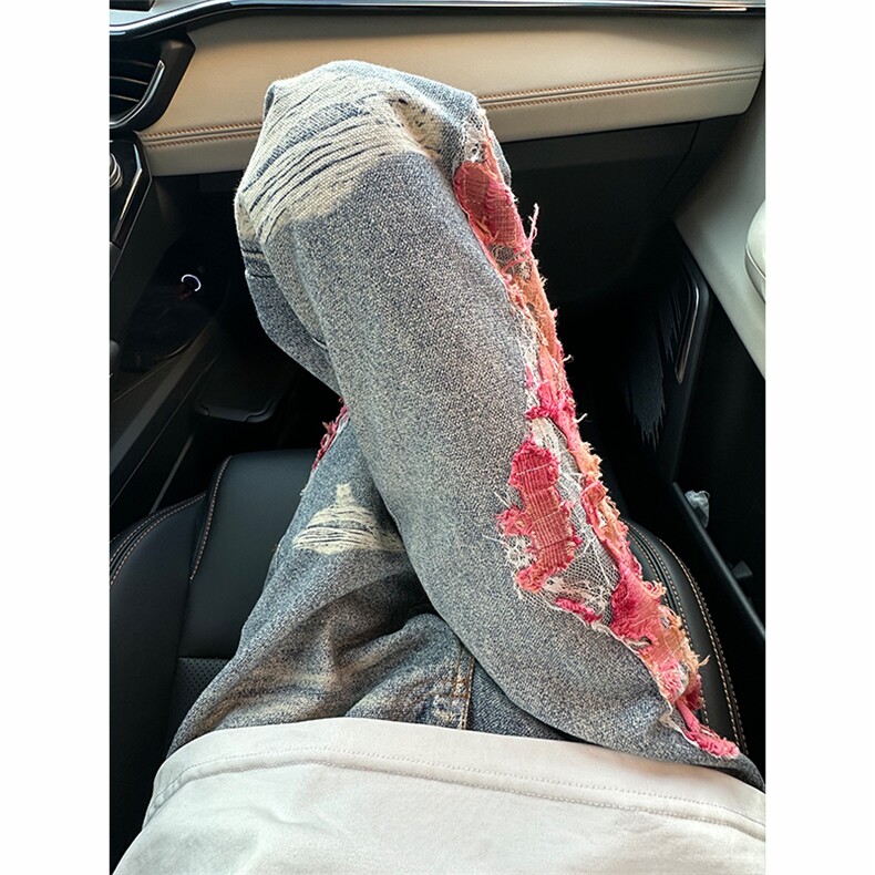 火焰蕾丝刺绣牛仔裤男女秋冬美式高街小众hiphop碎花直筒破洞裤子,男装牛仔裤,星座1007（原301D）