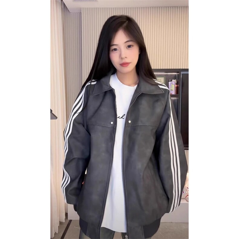 美式复古三条杠扎染拼色皮衣男女同款宽松休闲百搭pu皮夹克上衣潮图片