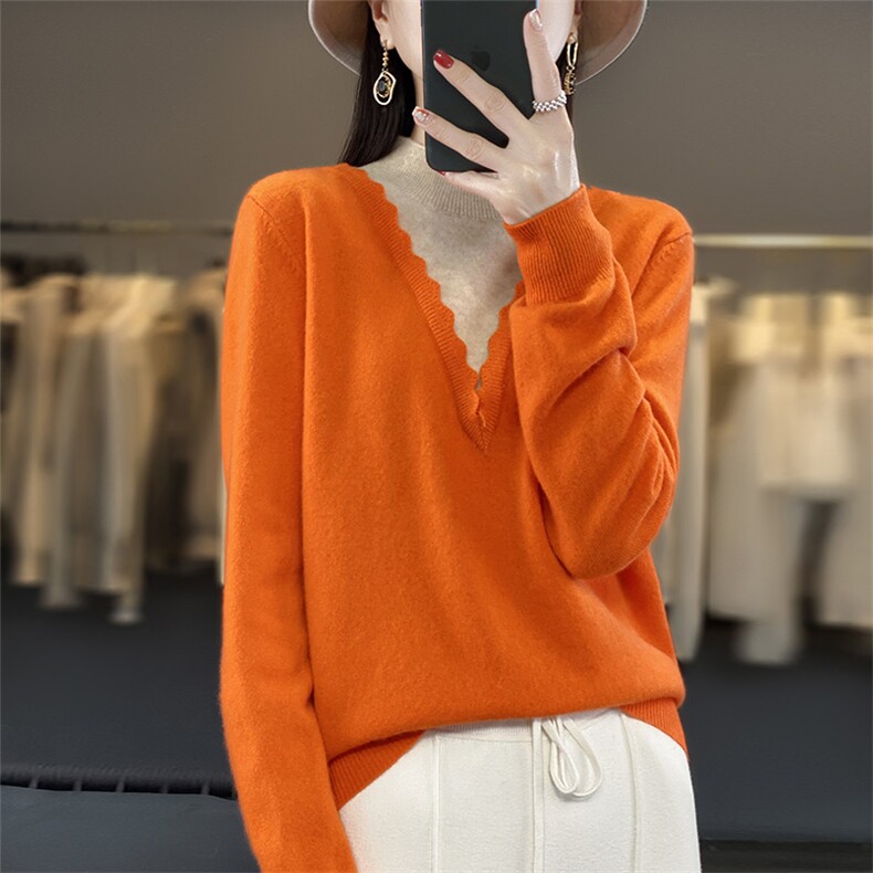 长袖套头花边领拼色2024年秋季简约羊毛针织衫，女装羊毛衫，盛鼎羊绒