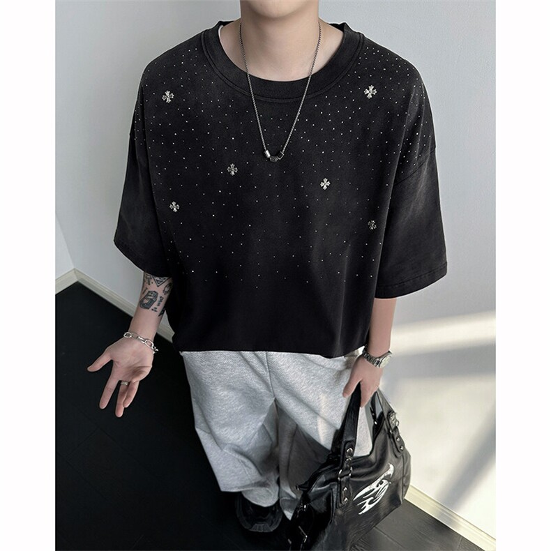 8XL-M满天星轻奢烫钻宽松版落肩纯棉短袖T恤新款夏百搭上衣DX337,男装T恤,电商D206-1
