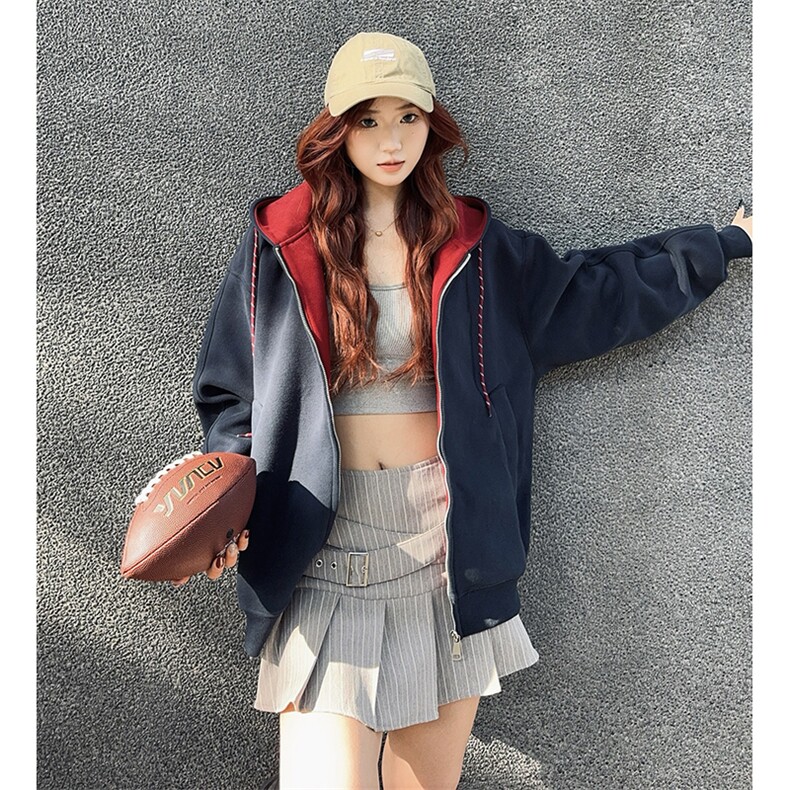 抖音得物二开美式高街重磅结构双层撞色连帽卫衣开衫外套W116，女装短外套，电商A486-1