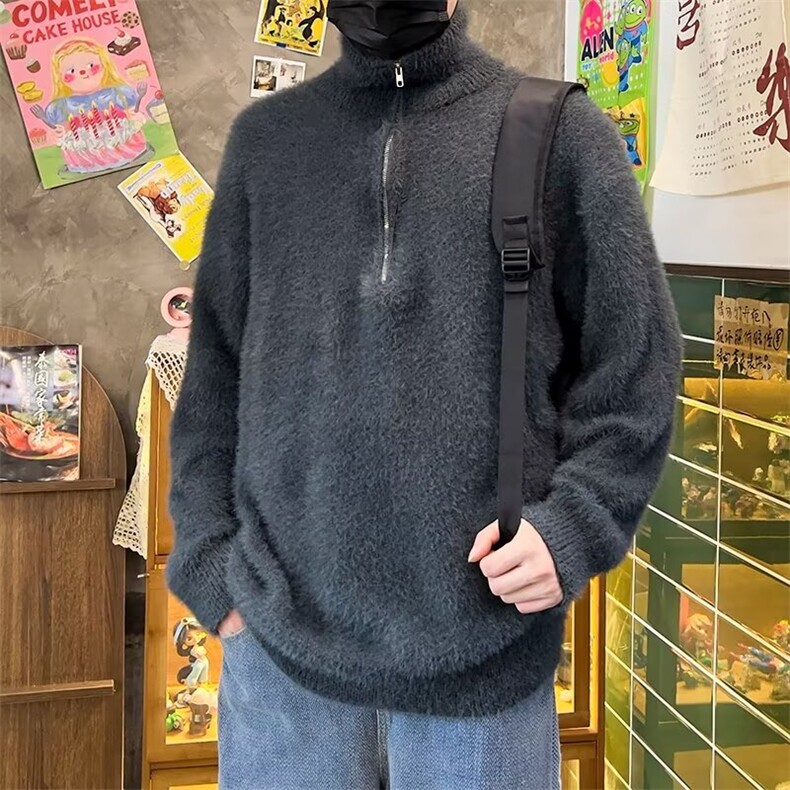 秋冬款半拉链高领针织衫男复古长貂毛宽松套头毛线衣8655P52,男装针织衫/毛衣,星座410-2