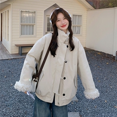 韩系羊羔毛拼接派克服女2025冬季新款设计感加绒加厚保暖工装棉服，女装派克服，2C056