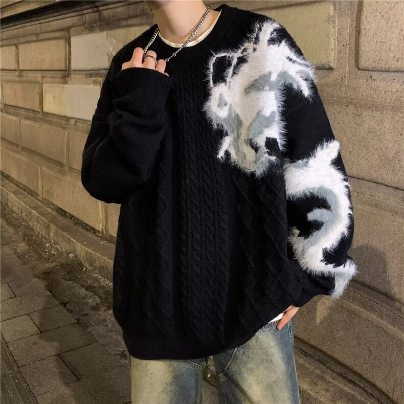 高级感混色毛衣男宽松加厚潮牌针织衫美式复古慵懒风线衣图片
