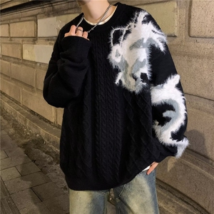 高级感混色毛衣男宽松加厚潮牌针织衫美式复古慵懒风线衣图片