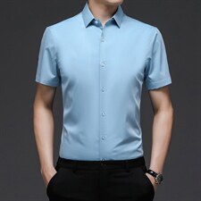 2023夏季短袖衬衫男薄款纯色男装中年男士商务休闲百搭冰丝衬衣图片