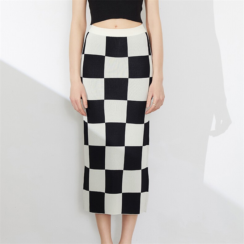 格子针织半身裙女中长款修身包臀裙一步裙过膝长裙，女装半身裙，木淼羊绒