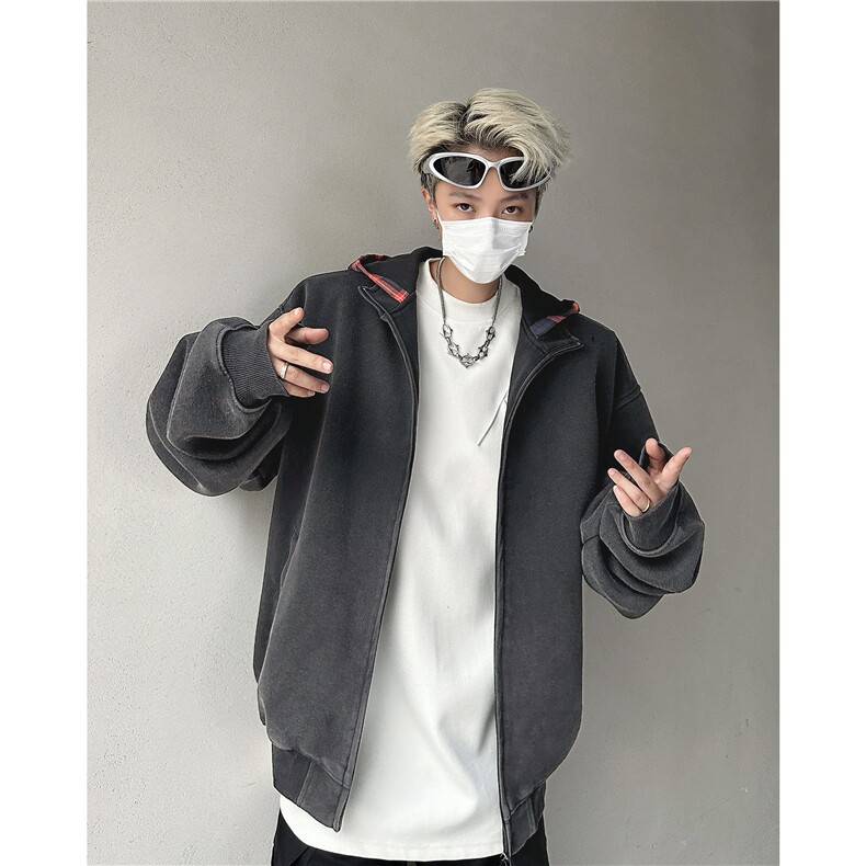 美式复古假两件连帽卫衣男女秋冬水洗做旧宽松拉链开衫外套潮,女装短外套,星座601-2