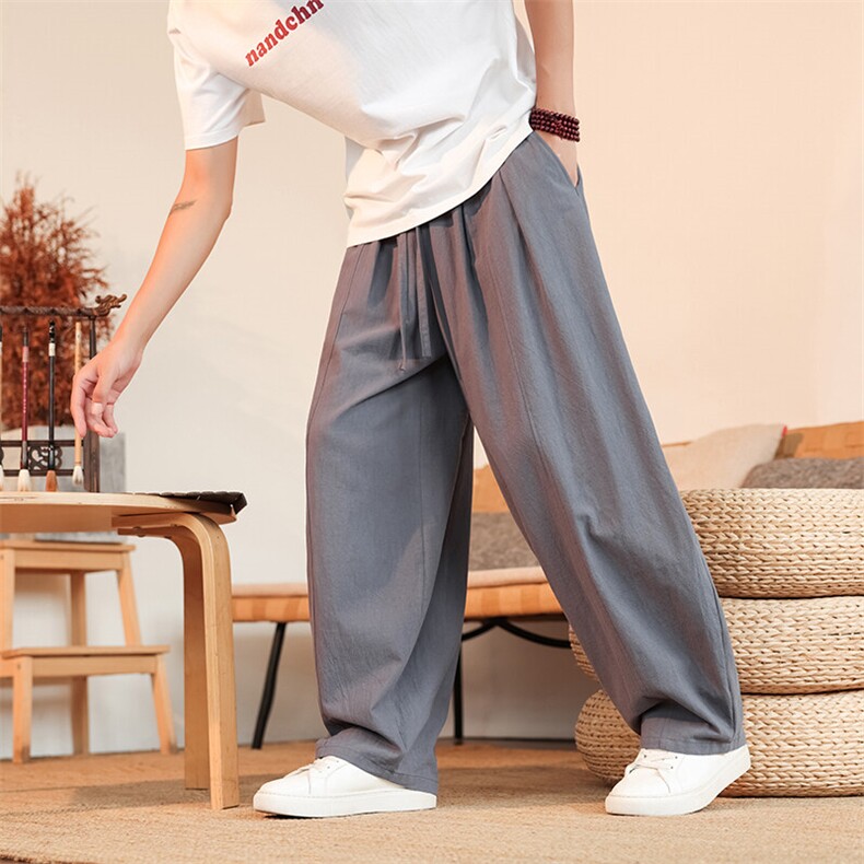 8XL-M亚麻弯刀裤直筒阔腿裤子男夏季宽松大码运动灯笼裤KZ068P60图片