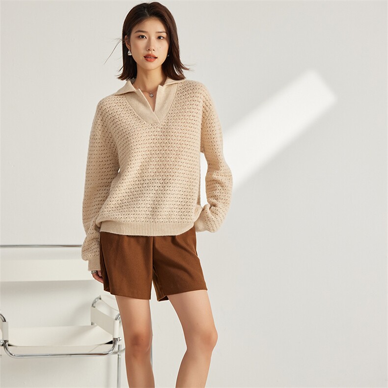 秋冬季羊绒休闲百搭时尚7针镂空吊目半开翻领羊绒衫，女装羊绒衫，英集羊绒