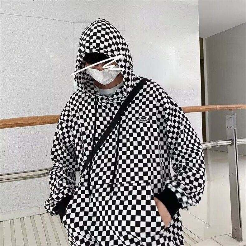 青少年网红街头嘻哈黑白格子连帽卫衣常规新款套头休闲潮秋冬ins,男装卫衣,星座506A