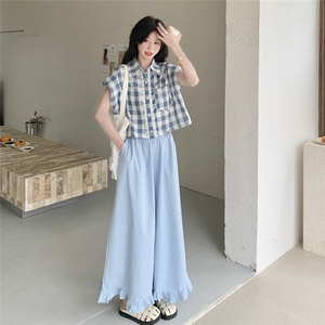 韩系甜美学院风蕾丝花边格子衬衣套装女夏季2025新款阔腿裤两件套图片