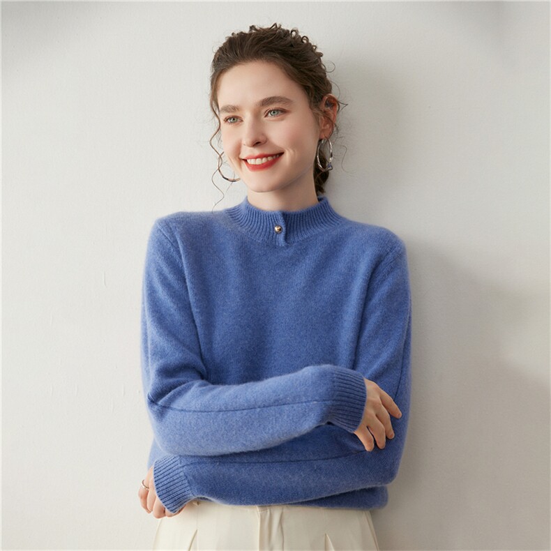2025百搭时尚简约领子纽扣长袖针织衫,针织衫/毛衣,七柒羊绒