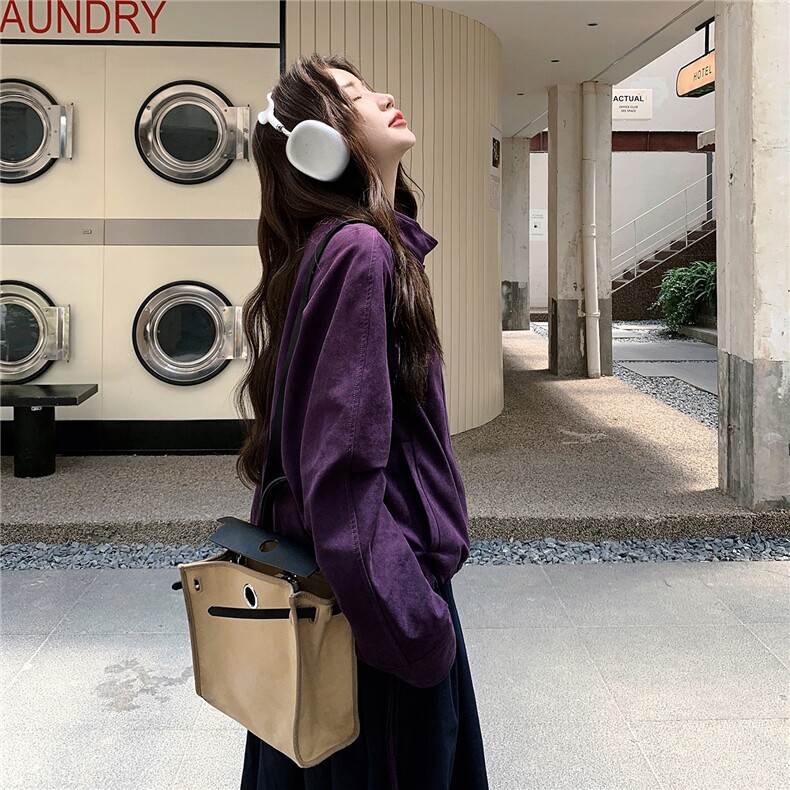 韩式chic紫色短款麂皮绒外套女春秋2025超火好看高级小众夹克上衣,女装短外套,2D008