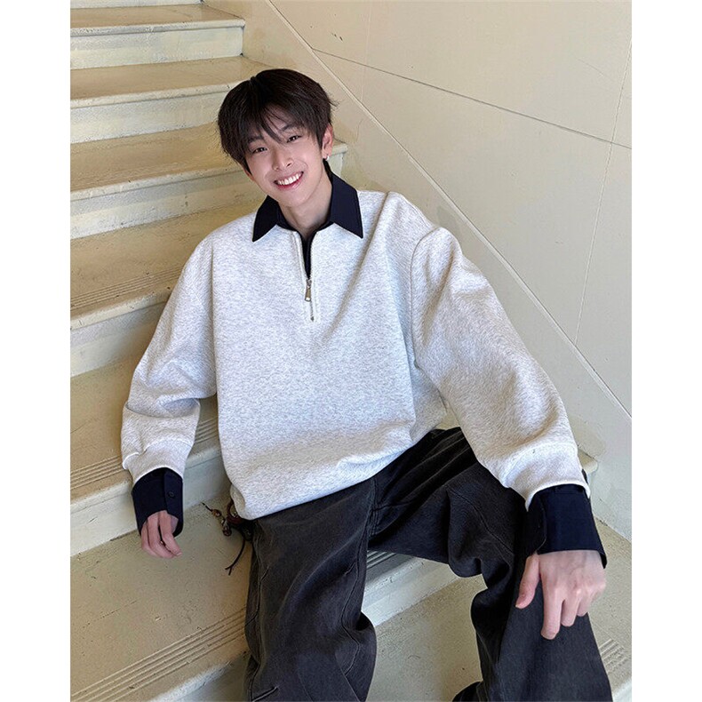 新款假两件条纹拉链衬衫领休闲春款卫衣高街休闲学院卫衣特P50，男装卫衣，电商B319