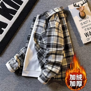 复古小香风格子外套男冬季加绒加厚宽松翻领毛呢衬衫夹克休闲上衣图片