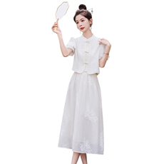 温柔绝美白色刺绣套装连衣裙女2024夏季新款盘扣衬衣半身裙两件套，女装套装/套裙，慧尚依恋