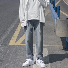 送腰带b夏季纯色九分裤宽松直筒牛仔裤男坠感老爹裤kz01，男装牛仔裤，星座1008