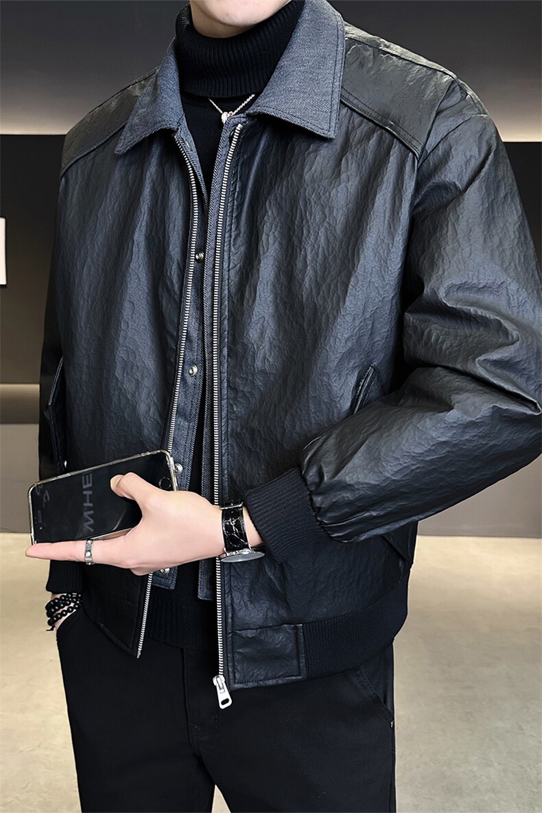 标50绒 男士翻领假两件羽绒服皮夹克外套 8528-P215(控券后298)图片