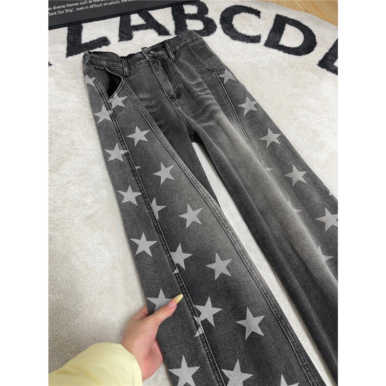 B221美式ins高街暗黑拼接五角星宽松直筒牛仔裤LK26649-特P50控98,男装牛仔裤,电商B221