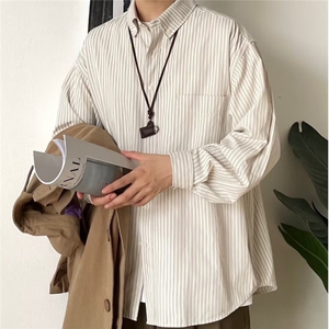 时尚日系男装复古2026春秋条纹衬衫长袖休闲复古宽松潮流衬衣男女图片