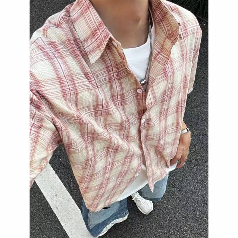 已下单~夏季短款粉色格子毛边短袖衬衫~短袖CT25116长袖C5116,男装T恤,星座1004-6