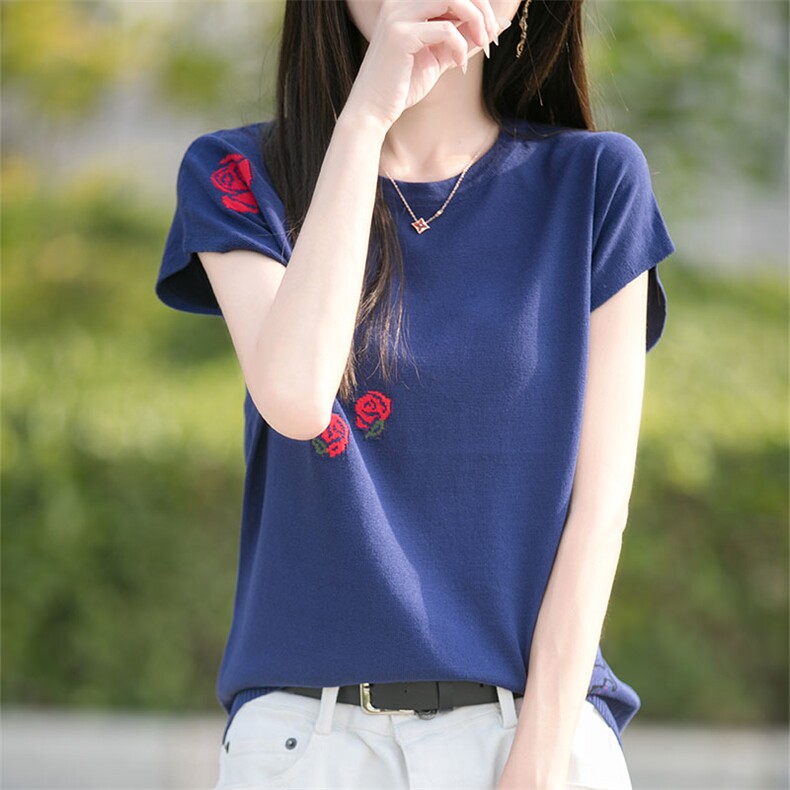 2025夏季新款圆领玫瑰提花短袖女莱塞尔天丝宽松洋气百搭薄款针织,针织衫/毛衣,萱芳婷羊绒