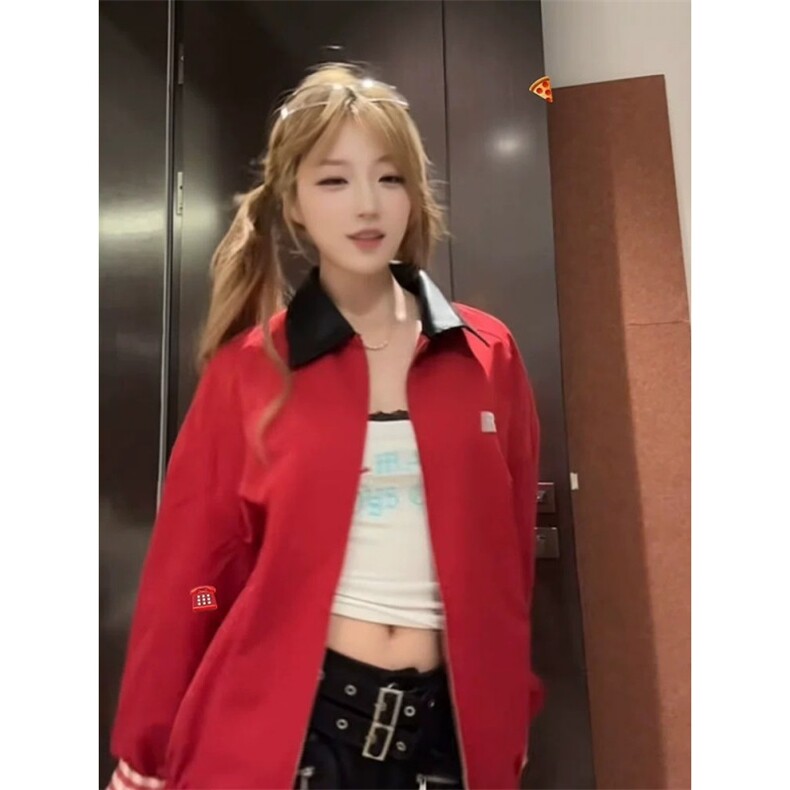 美式复古红色棒球服外套女春秋2025新款巨好看早秋季开衫夹克上衣,男装夹克,星座506A
