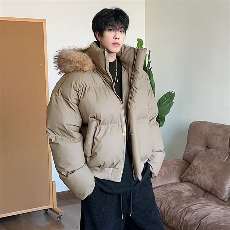 现货三防重磅硬挺boxy短款羽绒棉衣座山雕大毛毛领PU皮棉服外套冬,男装棉衣,电商A486-1