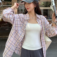 休闲粉格衬衫格子新款设计外套宽松长袖上衣衬衣外穿CS129，男装衬衫，星座516A