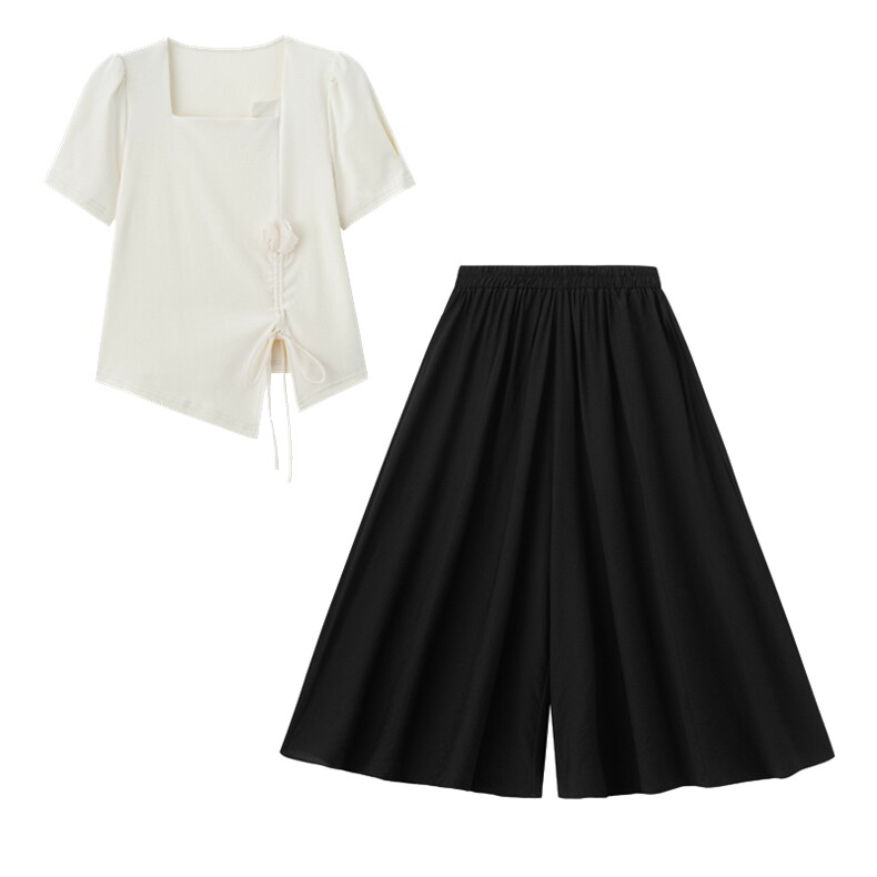 现货2025夏装新款时尚套装纯色修身显瘦短款阔腿裤百搭两件套图片