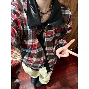 有货DJK8565-批75美式复古双面穿格子pu皮衣外套男女图片