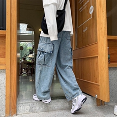 20港风秋款男牛仔裤宽松工装大口袋潮直筒裤nk804P50，男装牛仔裤，星座1013-1