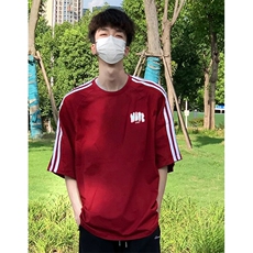 抖音得物高品质二开240克宽松纯棉美式潮牌三条杠织带短袖T恤，男装T恤，电商A486-1