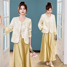新中式G风套装女2026春新款优雅时尚复古盘扣刺绣文艺范两件套裙，女装套装/套裙，火爆靓佳人