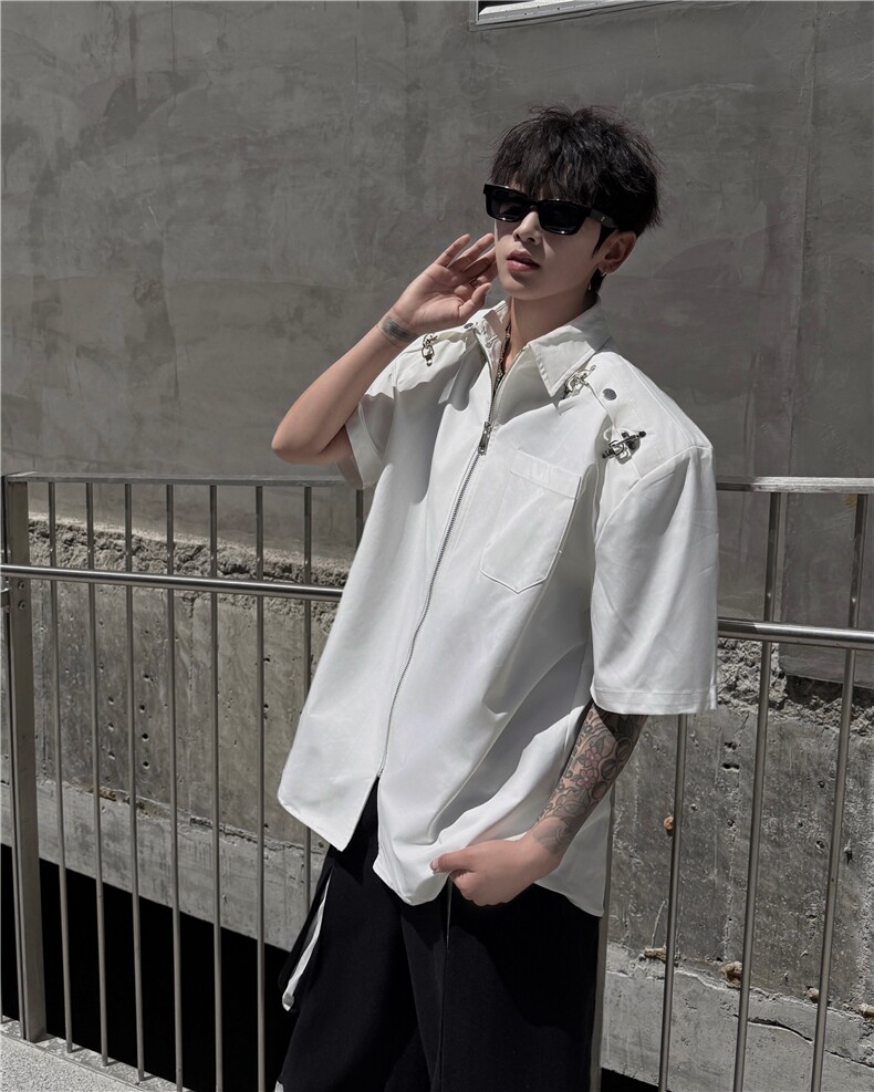 现货！25设计感男士飞机扣垫肩金属拉链短袖衬衫CS152-P88图片