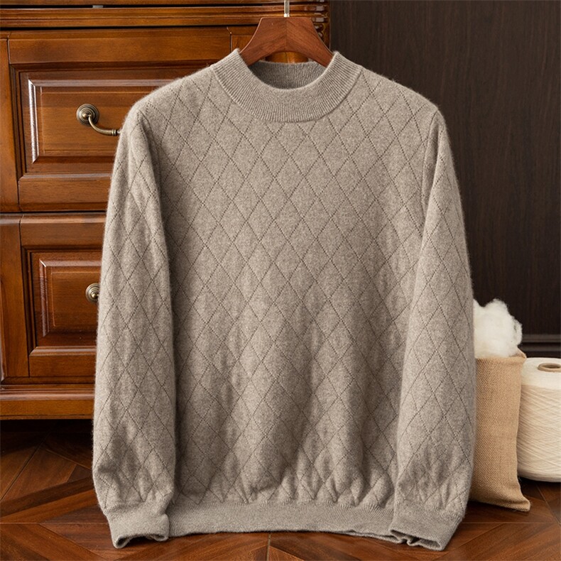 2024秋季新款羊绒长袖菱形格圆领套头衫，男装羊绒套衫，米亚康羊绒