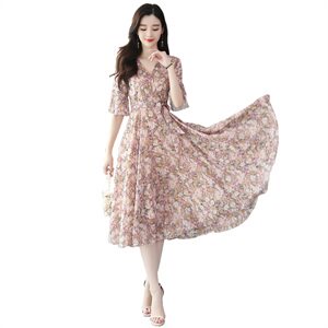 碎花雪纺连衣裙女中长款2025夏季新款韩版收腰显瘦气质小清新夏裙图片