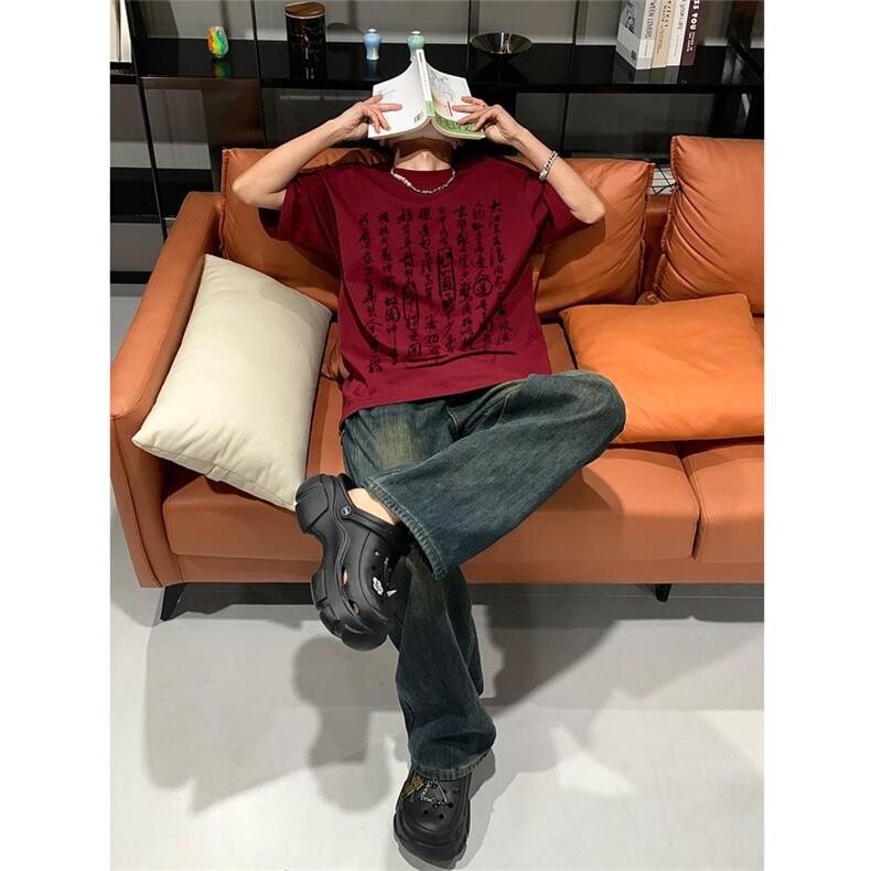 已做版权新中式潮书法短袖复古风重磅涂鸦文字t恤T83-P28,男装T恤,星座205-5
