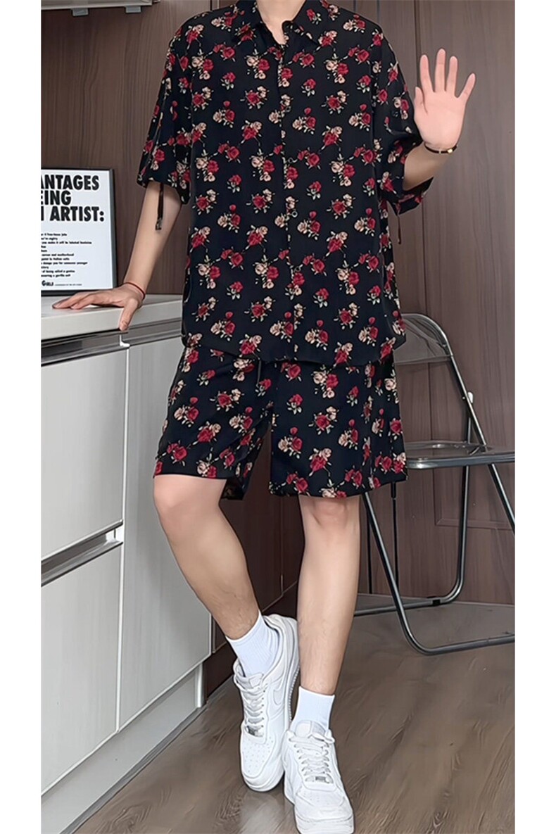 1短袖衬衫男+短裤男套装男100%聚酯纤维M-5XL大码TZ78702P50控98,男装休闲套装,星座226-2