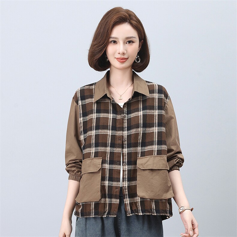 时尚格子拼接长袖衬衫女宽松显瘦百搭休闲上衣秋装新款韩版衬衣,女装衬衫,叶笙衣