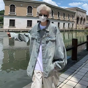 美式复古水洗牛仔外套男春季设计感潮牌高街情侣宽松休闲百搭夹克图片