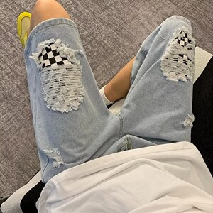 夏季ins潮流高街休闲五分裤棋盘格破洞补丁牛仔短裤男 K3837-P36图片