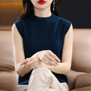 秋季新无袖女半高领吊带打底衫女纯色西装内搭羊毛针织衫套头背心图片